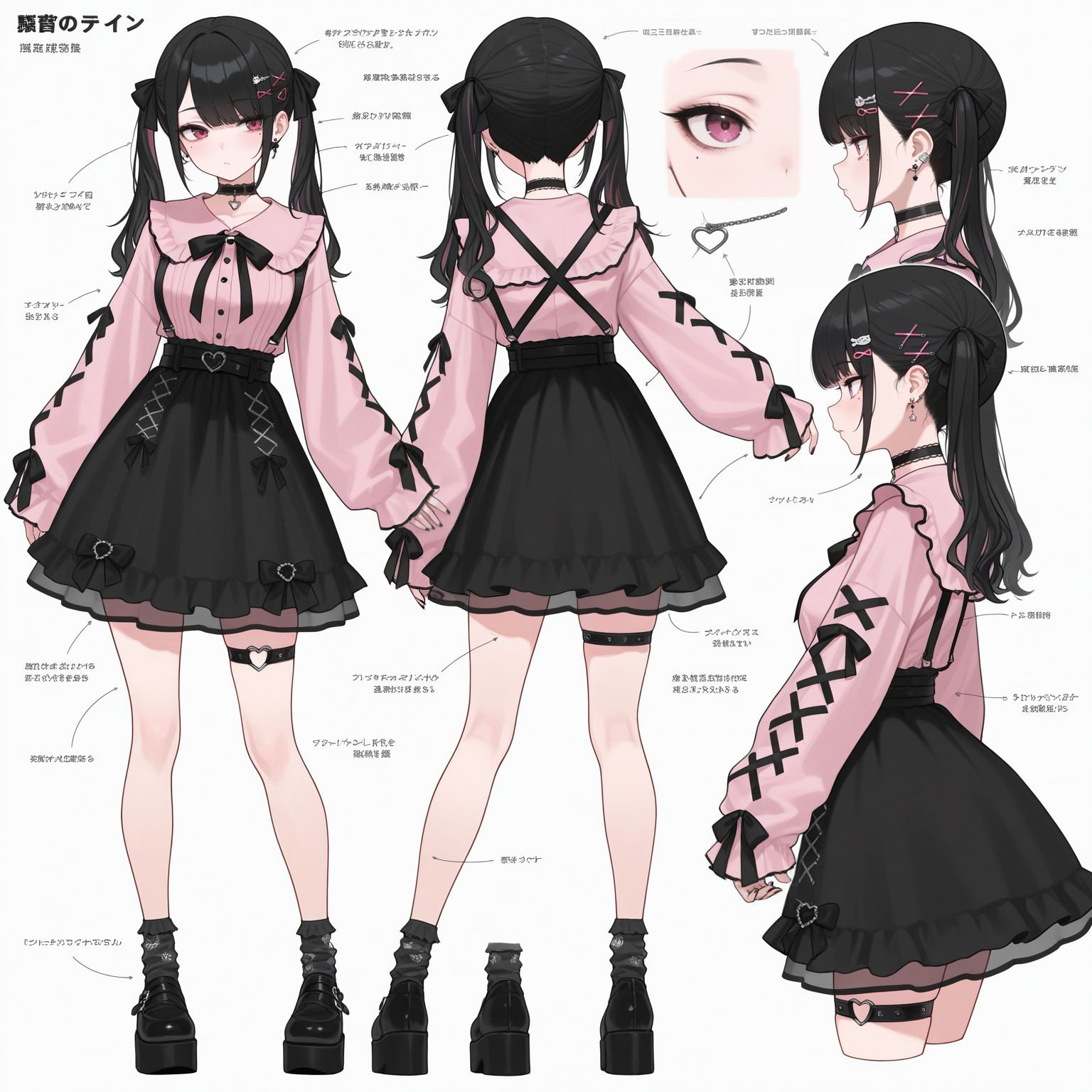 正面のリボンが不完全で、背面の×のサスペンダーが余計で、右側のサスペンダーがない。髪のリボンが黒だと目立たないので色を変えた方がいい。脚のストラップが左右逆