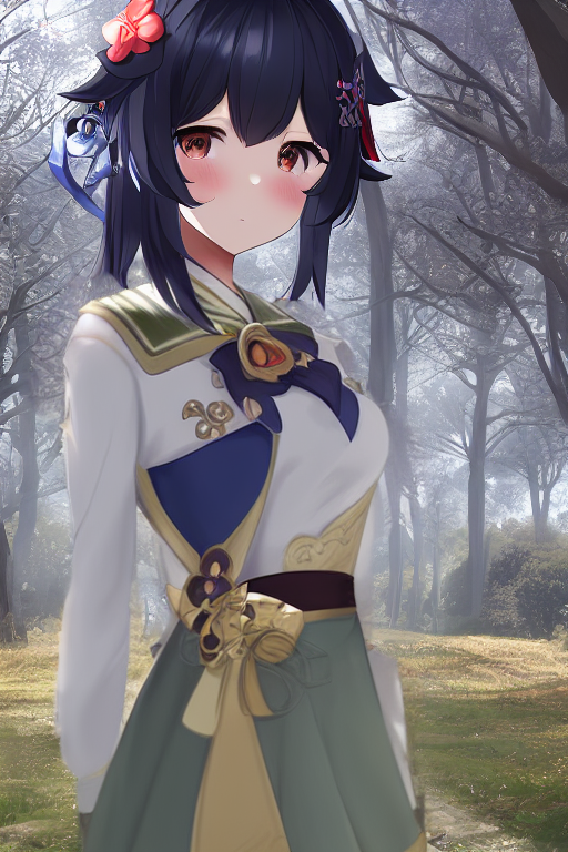 プロンプト例:masterpiece, best quality, 1girl wearing a dress in the park, blue archive, genshin