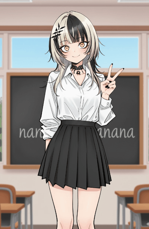 髪のベタが一部消えている<br/>背景のアイレベルが低く不自然なので追加の修正が必要